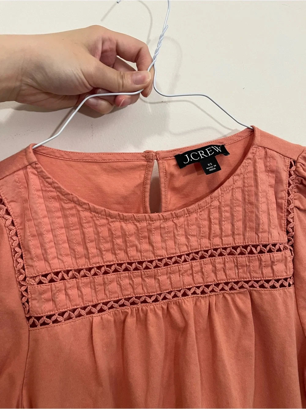 J. Crew Salmon Dusty Pink Lace Trim Blouse Top Short Puff Sleeve Size XS Office